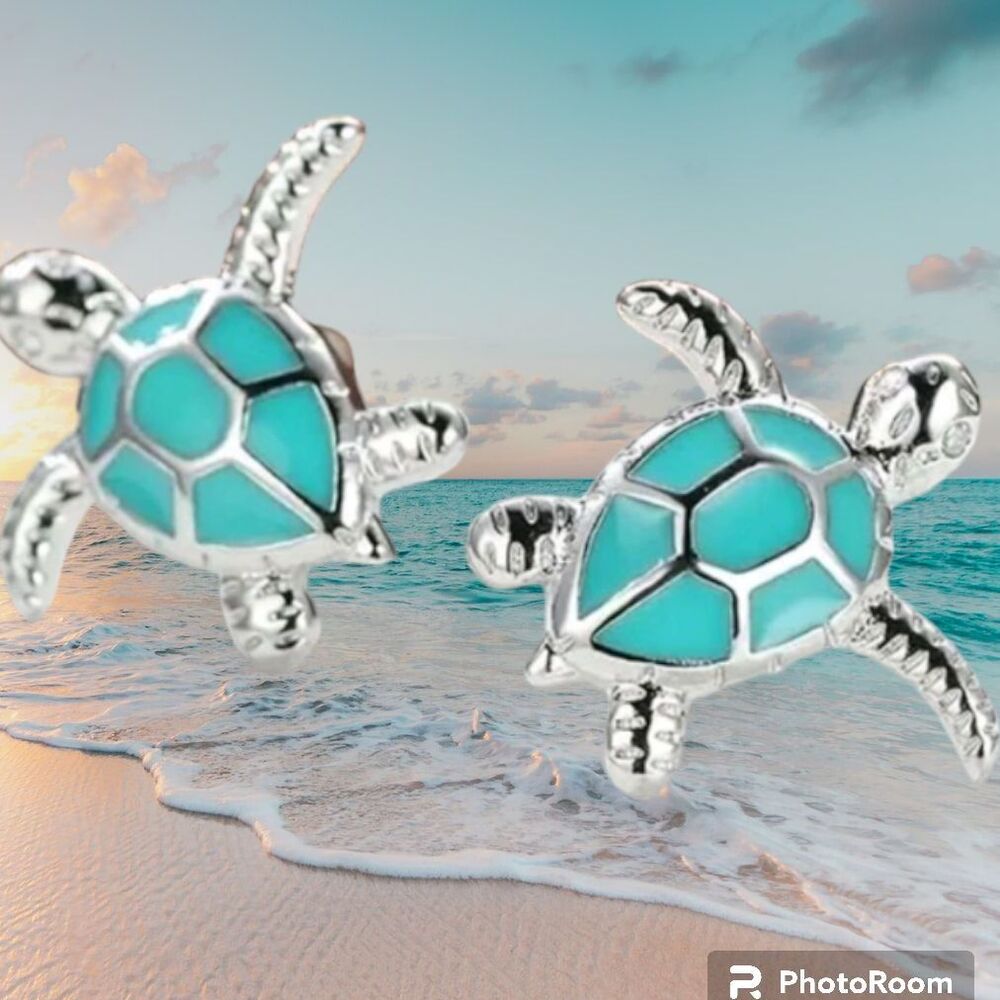 Silver Turquois Turtle Earrings Women Teens